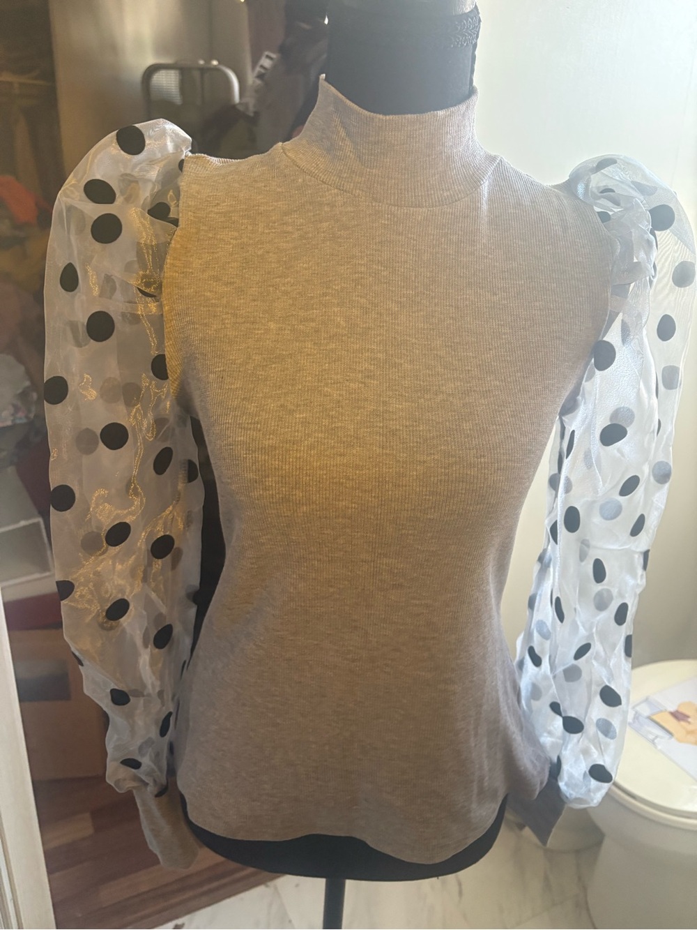 chic Light Gray Knit Top with Sheer Polka Dot Puff Sleeves